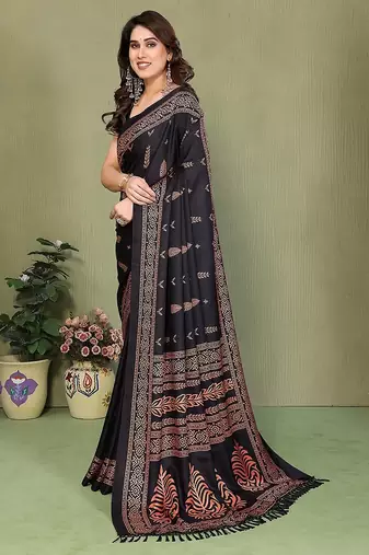 black printed, blocked printed daily wear chiffon, georgette saree with blouse