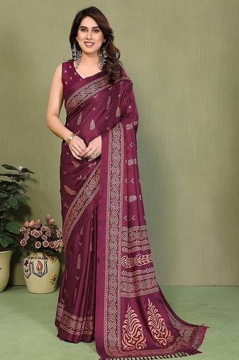 wine printed, blocked printed daily wear chiffon, georgette saree with blouse