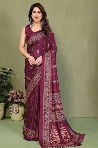 wine printed, blocked printed daily wear chiffon, georgette saree with blouse