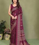 wine printed, blocked printed daily wear chiffon, georgette saree with blouse