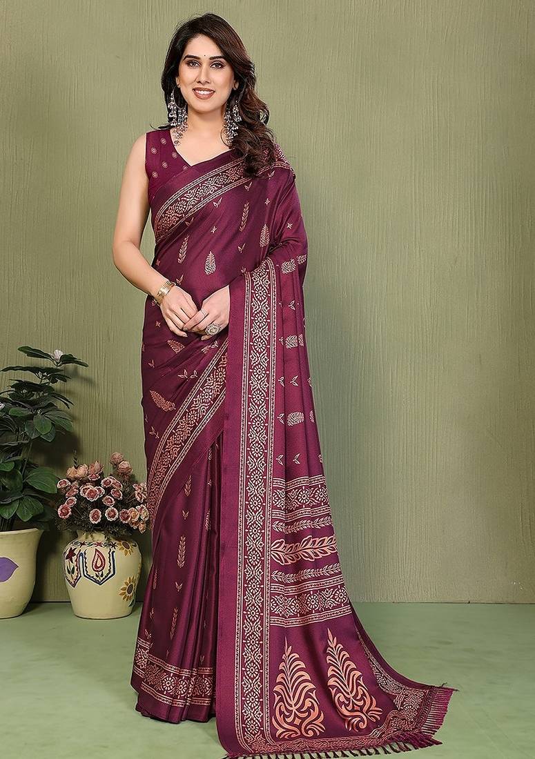 wine printed, blocked printed daily wear chiffon, georgette saree with blouse
