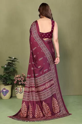 wine printed, blocked printed daily wear chiffon, georgette saree with blouse