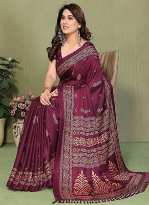 wine printed, blocked printed daily wear chiffon, georgette saree with blouse 3