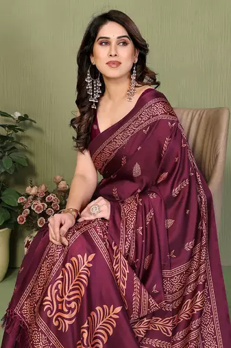 wine printed, blocked printed daily wear chiffon, georgette saree with blouse