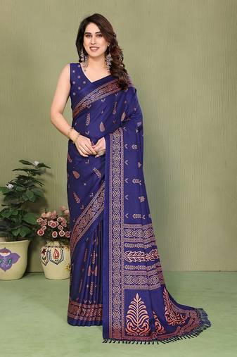 blue printed, blocked printed daily wear chiffon, georgette saree with blouse