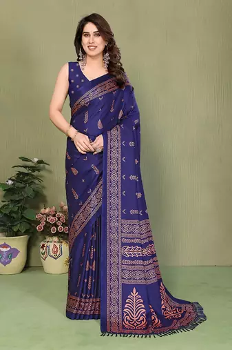 blue printed, blocked printed daily wear chiffon, georgette saree with blouse