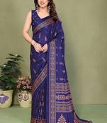 blue printed, blocked printed daily wear chiffon, georgette saree with blouse