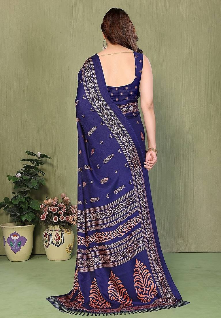 blue printed, blocked printed daily wear chiffon, georgette saree with blouse