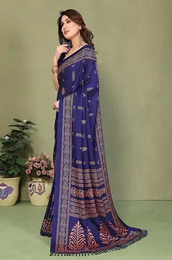 blue printed, blocked printed daily wear chiffon, georgette saree with blouse