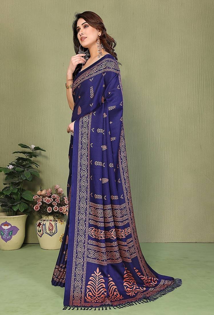 blue printed, blocked printed daily wear chiffon, georgette saree with blouse