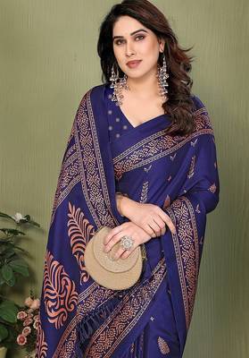 blue printed, blocked printed daily wear chiffon, georgette saree with blouse 4