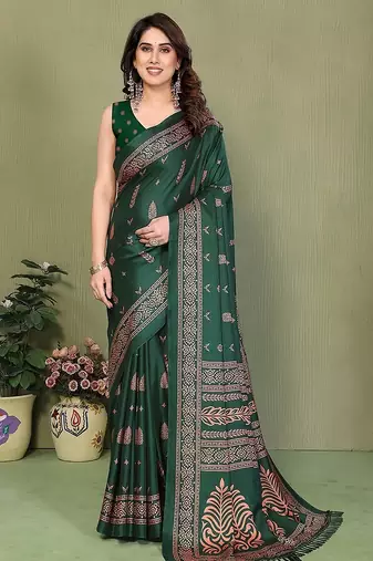 green printed, blocked printed daily wear chiffon, georgette saree with blouse