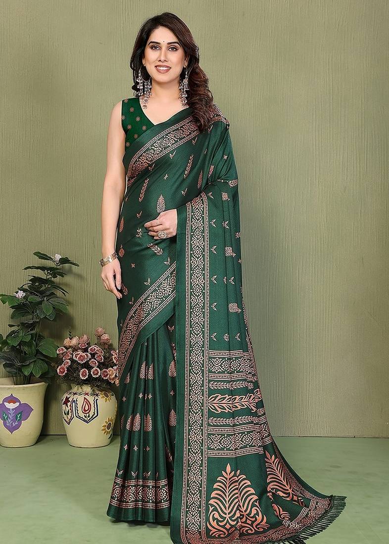 green printed, blocked printed daily wear chiffon, georgette saree with blouse