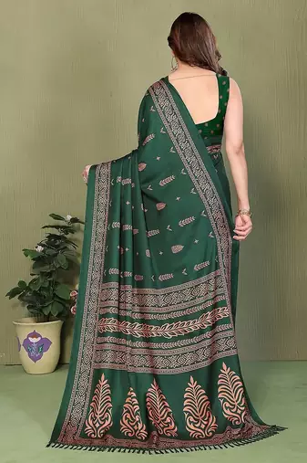 green printed, blocked printed daily wear chiffon, georgette saree with blouse