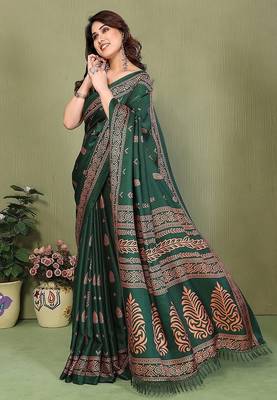 green printed, blocked printed daily wear chiffon, georgette saree with blouse 3