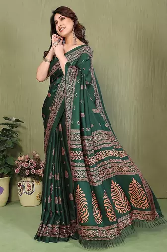 green printed, blocked printed daily wear chiffon, georgette saree with blouse