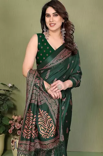 green printed, blocked printed daily wear chiffon, georgette saree with blouse
