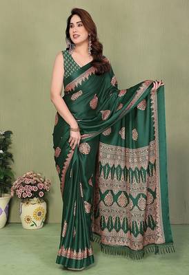 green blocked printed daily wear chiffon georgette saree with blouse 1