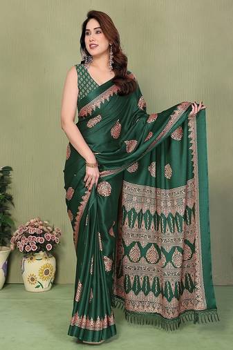 green blocked printed daily wear chiffon georgette saree with blouse