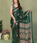 green blocked printed daily wear chiffon georgette saree with blouse
