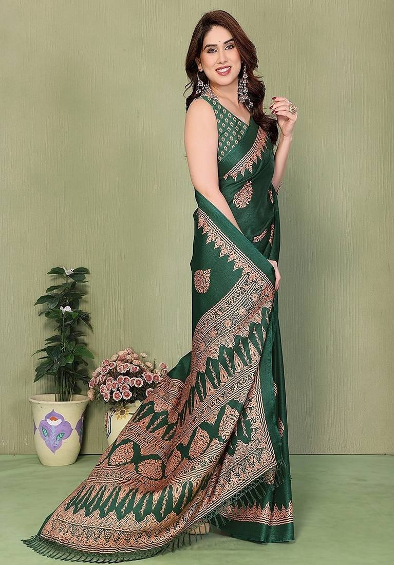 green blocked printed daily wear chiffon georgette saree with blouse