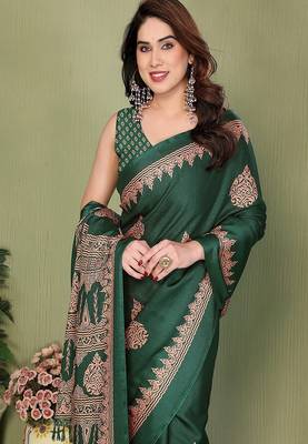green blocked printed daily wear chiffon georgette saree with blouse 4