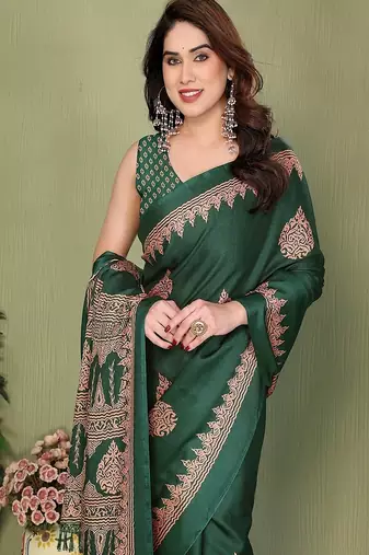 green blocked printed daily wear chiffon georgette saree with blouse