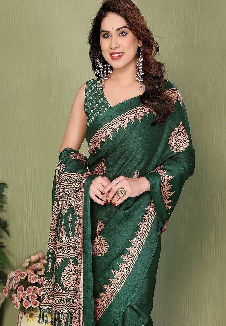 green blocked printed daily wear chiffon georgette saree with blouse