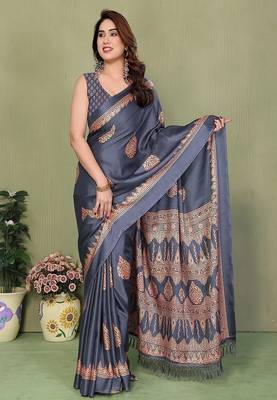 grey blocked printed daily wear chiffon georgette saree with blouse 1
