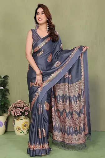 grey blocked printed daily wear chiffon georgette saree with blouse