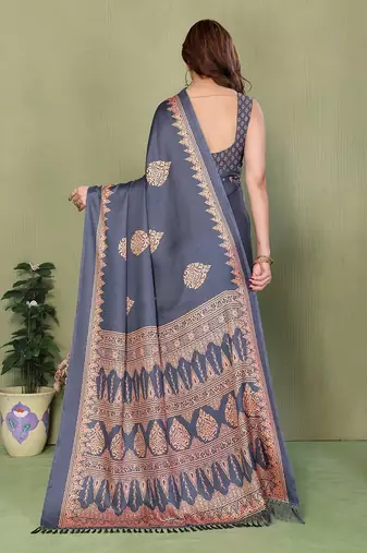 grey blocked printed daily wear chiffon georgette saree with blouse