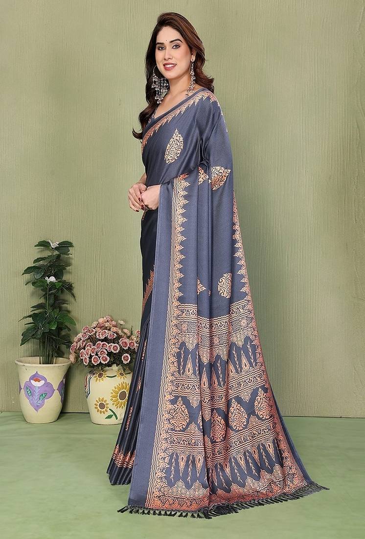 grey blocked printed daily wear chiffon georgette saree with blouse