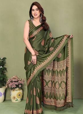green blocked printed daily wear chiffon georgette saree with blouse 1