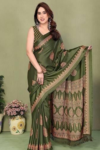 green blocked printed daily wear chiffon georgette saree with blouse