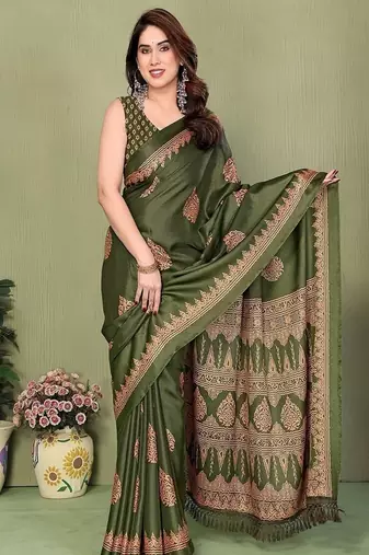 green blocked printed daily wear chiffon georgette saree with blouse
