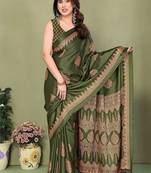 green blocked printed daily wear chiffon georgette saree with blouse