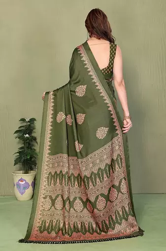 green blocked printed daily wear chiffon georgette saree with blouse