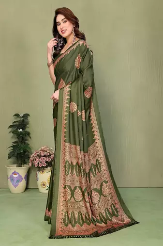 green blocked printed daily wear chiffon georgette saree with blouse