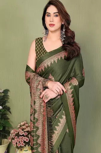 green blocked printed daily wear chiffon georgette saree with blouse
