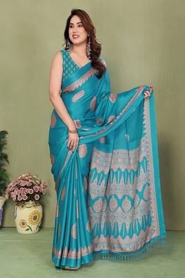 blue blocked printed daily wear chiffon georgette saree with blouse 1