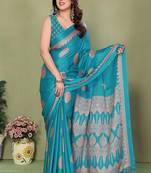 blue blocked printed daily wear chiffon georgette saree with blouse