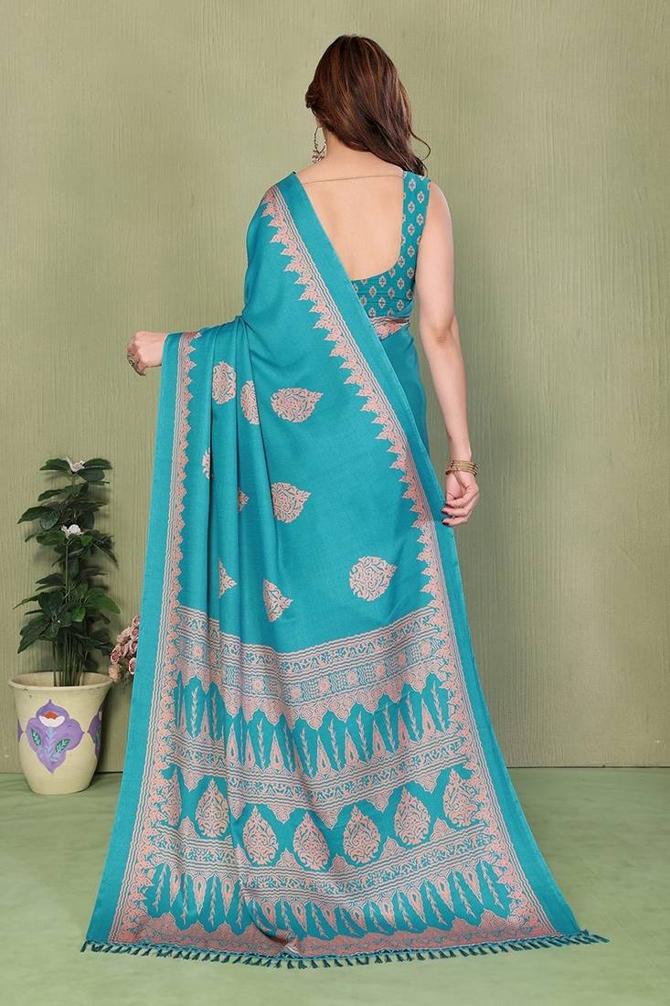 blue blocked printed daily wear chiffon georgette saree with blouse