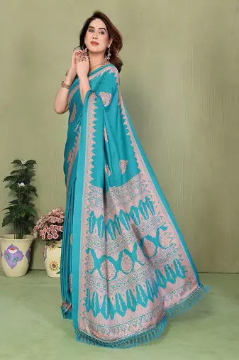 blue blocked printed daily wear chiffon georgette saree with blouse