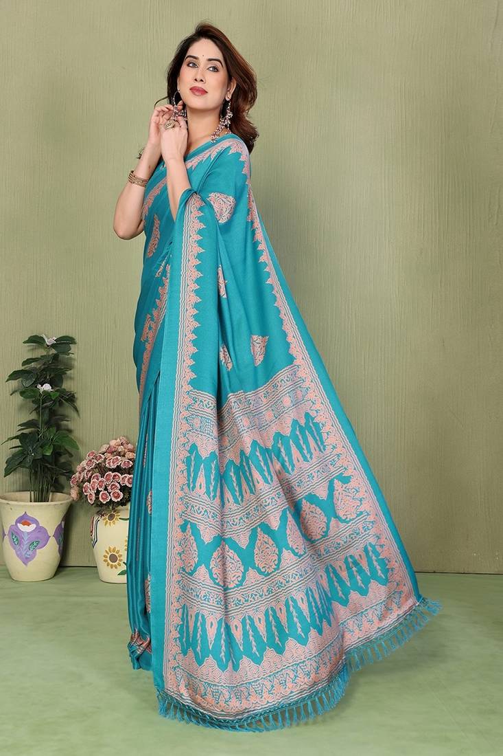 blue blocked printed daily wear chiffon georgette saree with blouse