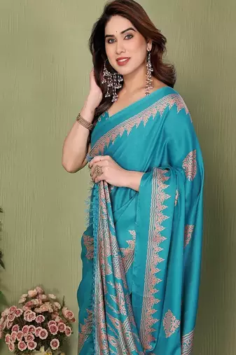 blue blocked printed daily wear chiffon georgette saree with blouse
