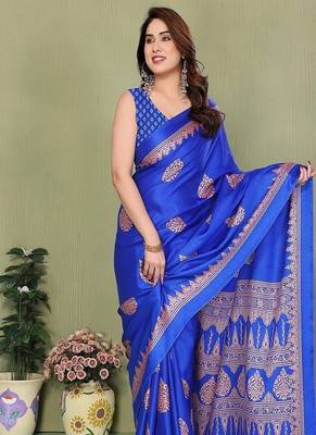 blue blocked printed daily wear chiffon georgette saree with blouse 1