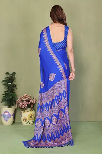 blue blocked printed daily wear chiffon georgette saree with blouse