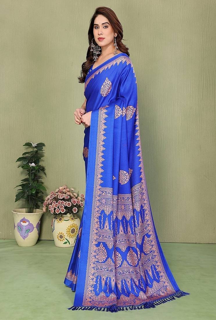 blue blocked printed daily wear chiffon georgette saree with blouse
