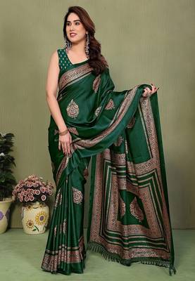 green printed, blocked printed daily wear chiffon, georgette saree with blouse 1