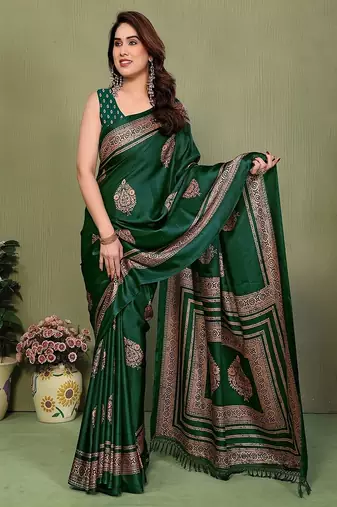 green printed, blocked printed daily wear chiffon, georgette saree with blouse